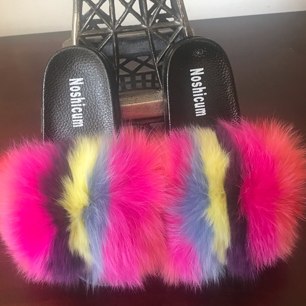 100% Raccoon fur slides